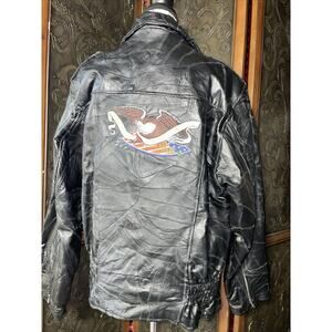 God Bless America Black Leather Jacket with Eagle Embroidery On Back‎ Women's L